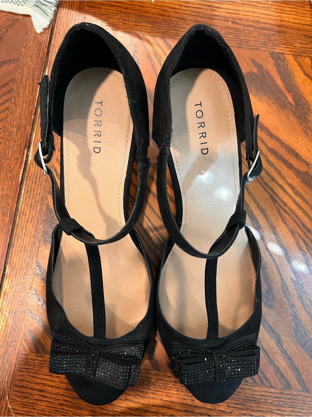 torrid Black Peep-Toe T-Strap Heels with Bow Accent
